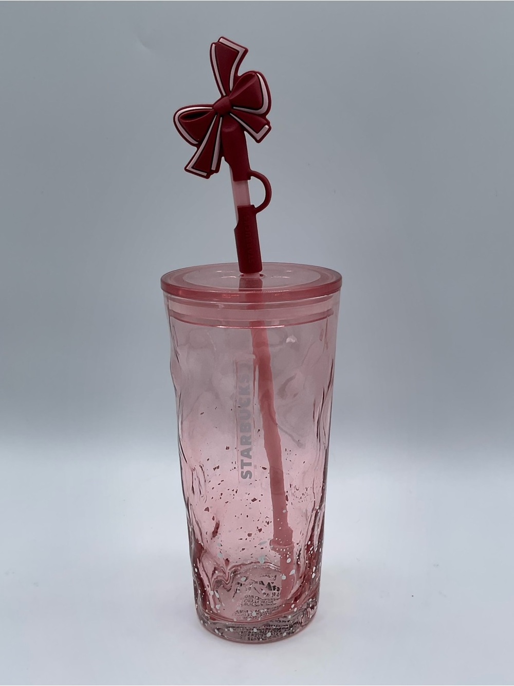 Starbucks 2025 Pink Snow Glass Tumbler 18oz Bow Straw Topper Holiday Cold Cup